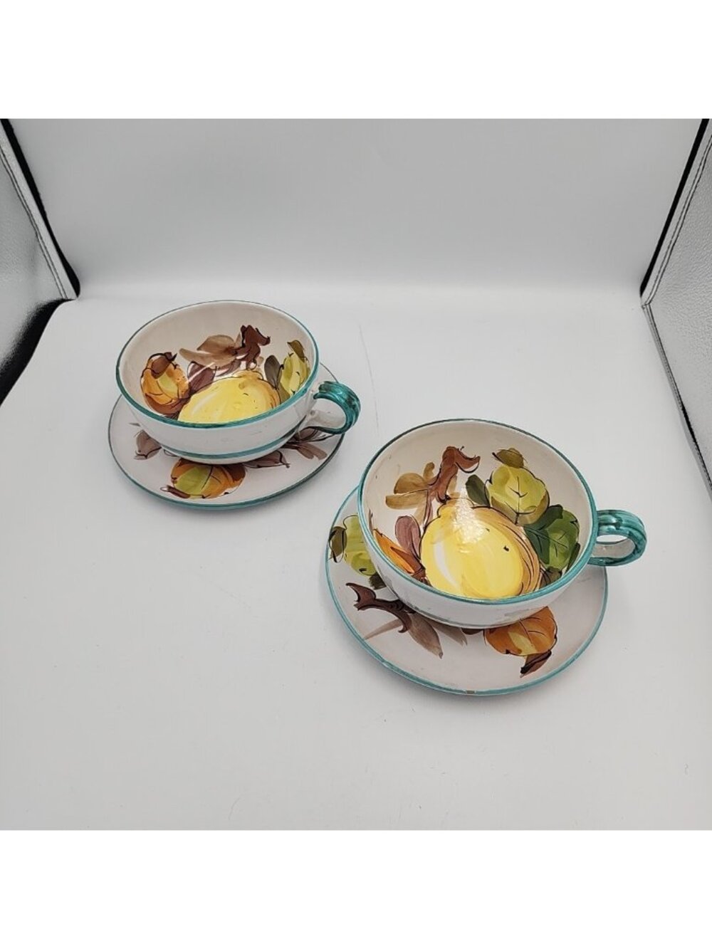Vintage Hand Painted Handle Soup Mug and Saucer Italy Set Of 2 Lemon